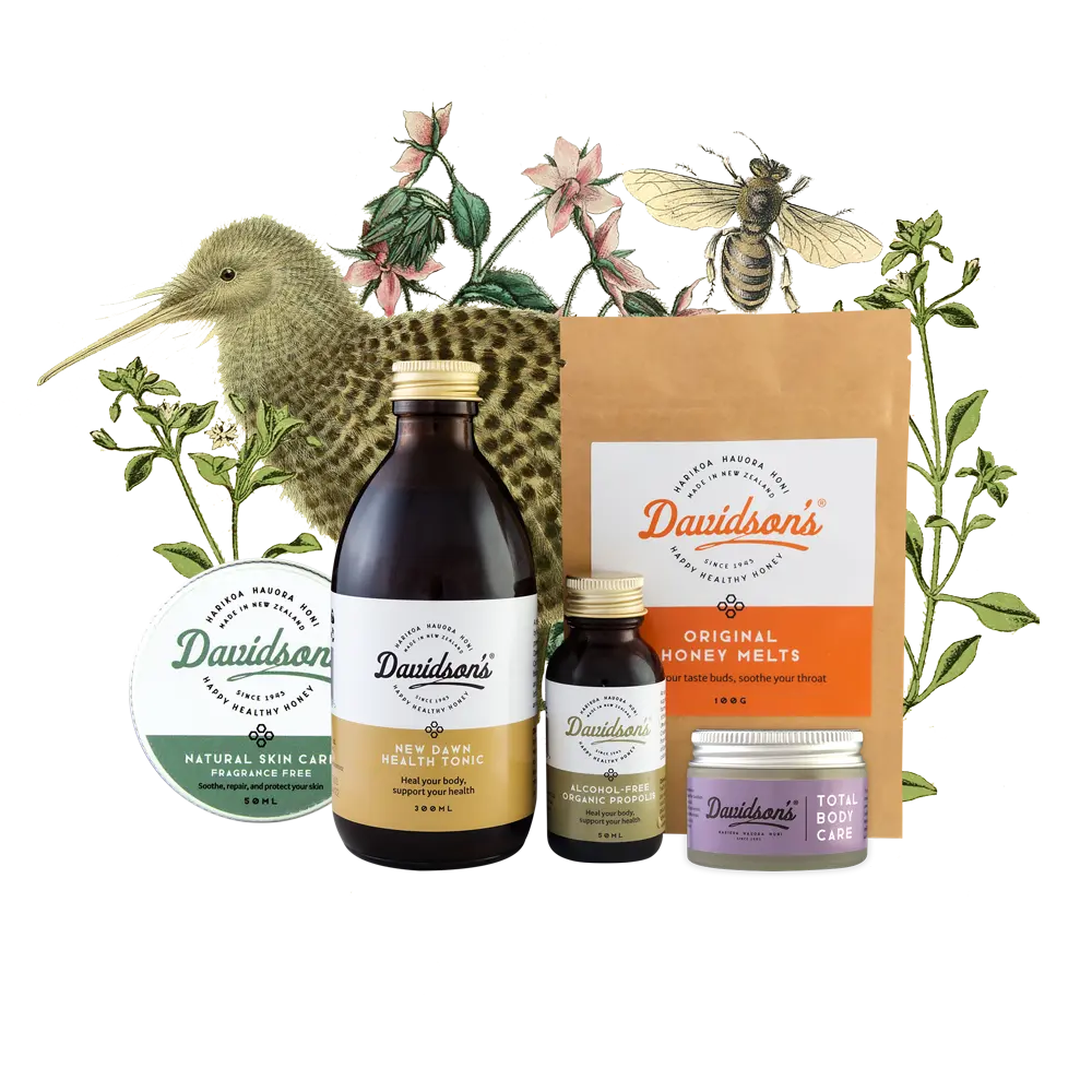 Davidsons products on a bed of New Zeland flora and fauna